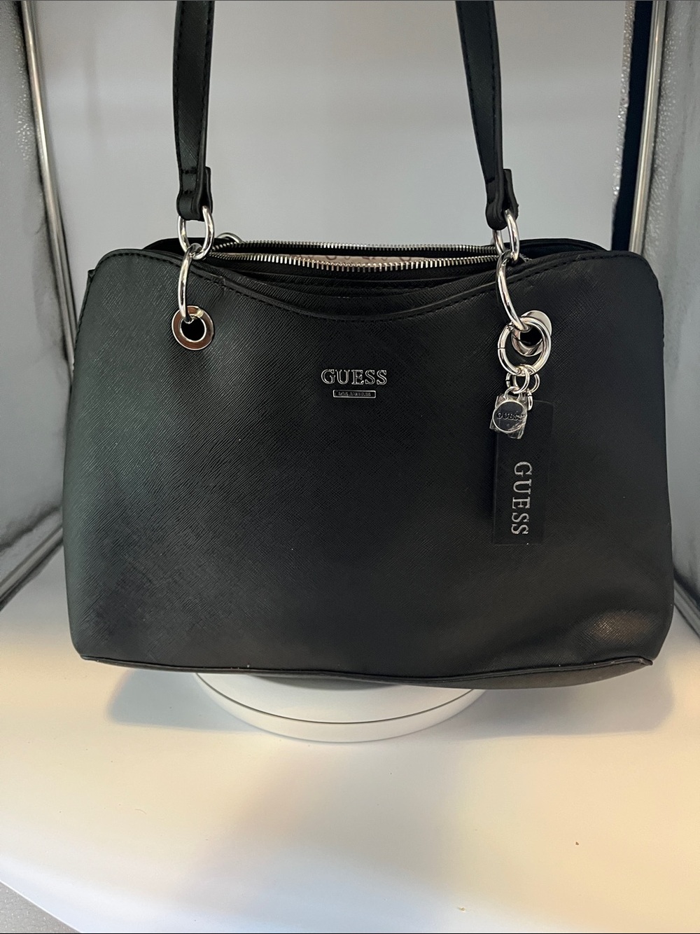GUESS Black Saffiano Shoulder Tote with Logo Charm